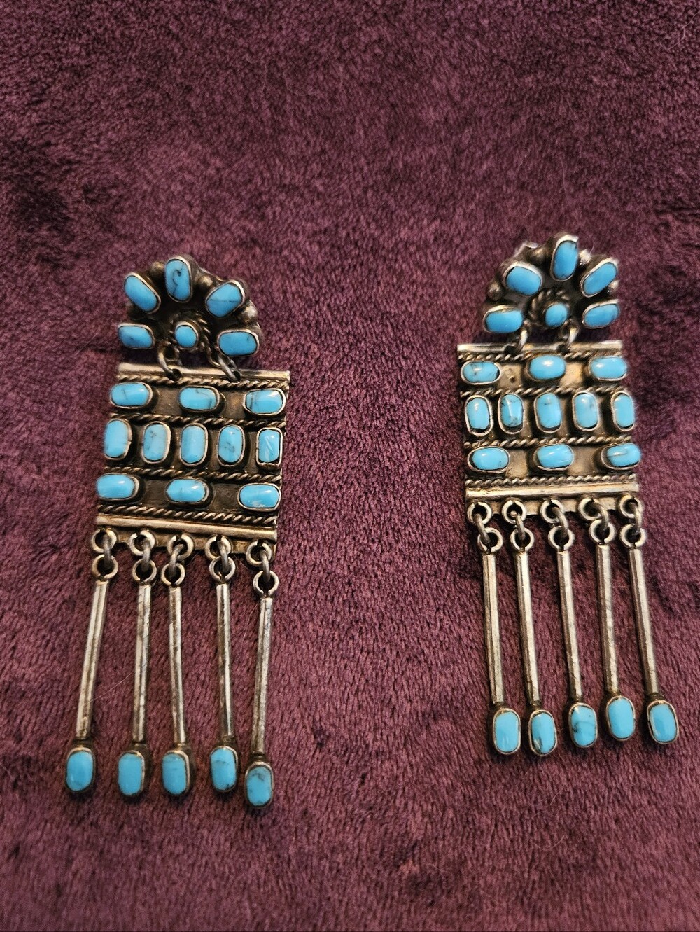 Vintage Taxco Mexico 925 Sterling Turquoise Petit Point Chandelier Earrings